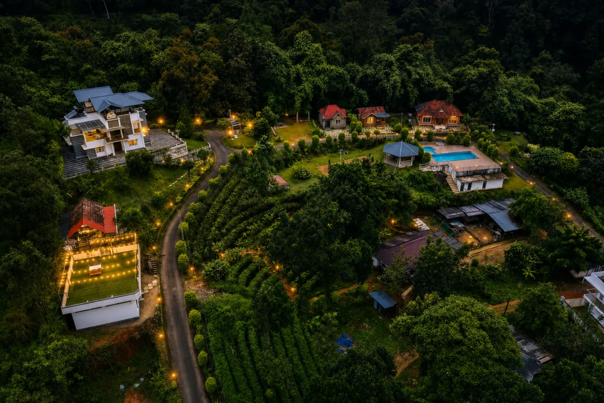 Aerial panoramic view of Silver Oaks Nature Retreat and Mankulam forests