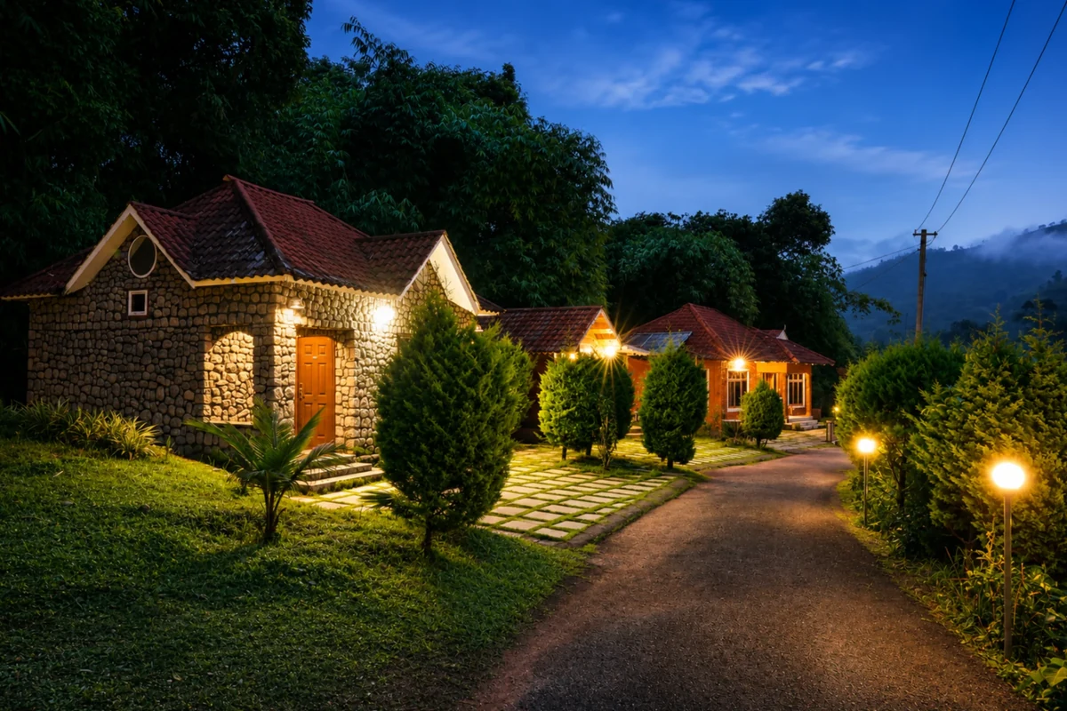 Cottage veranda seating with valley view at Silver Oaks Nature Retreat Munnar