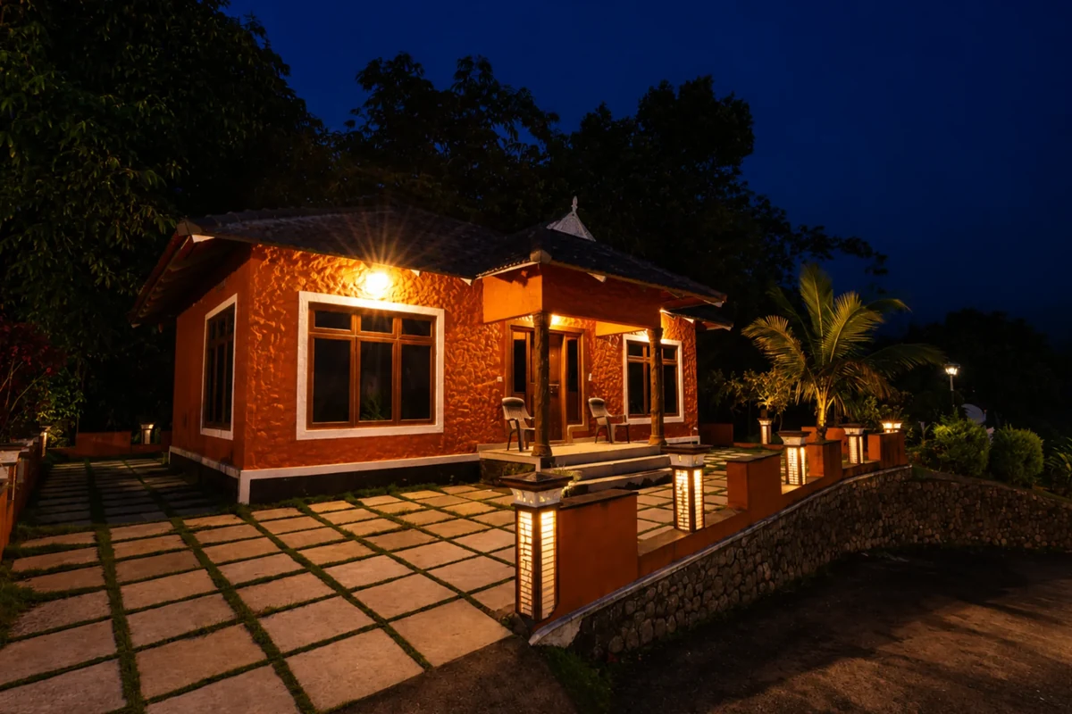 Traditional Mud House cottage exterior at Silver Oaks Nature Retreat Munnar