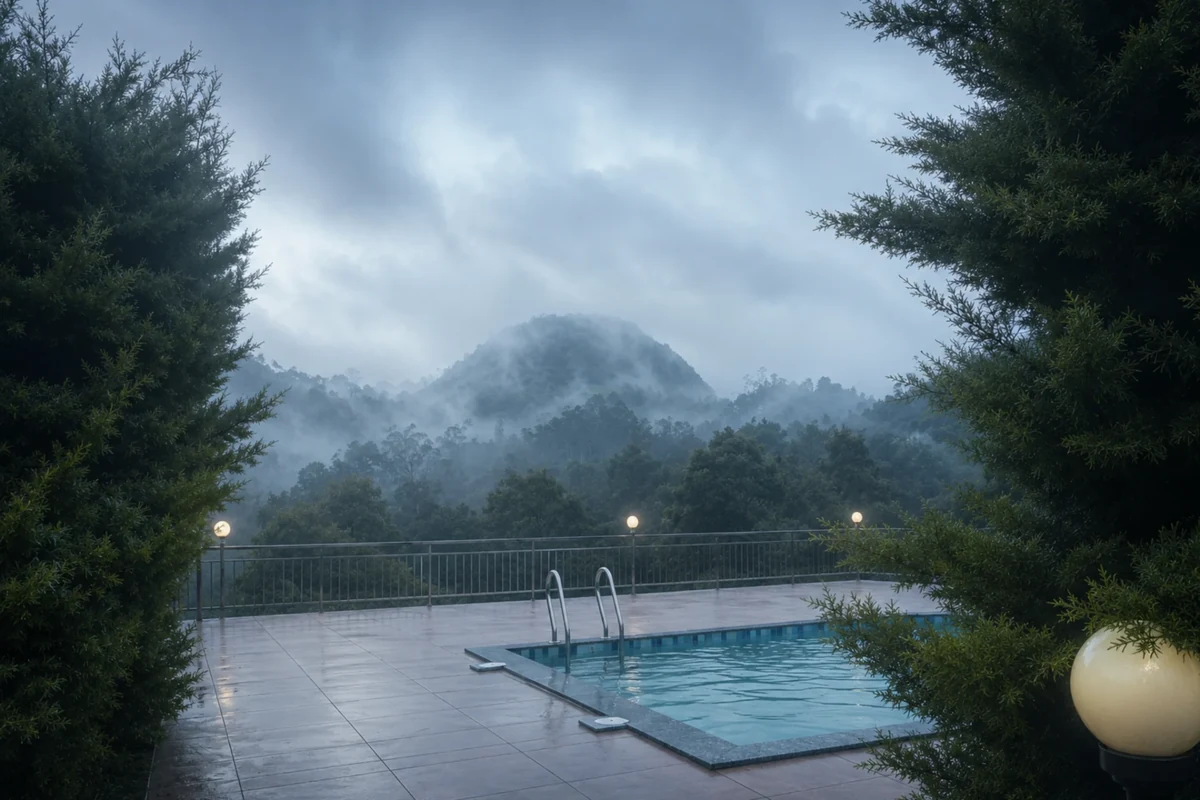 Evening poolside atmosphere under twilight sky at Silver Oaks Retreat