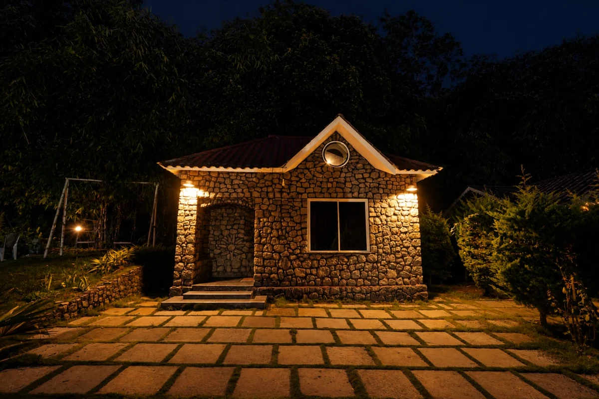 Rustic Stone House cottage with private balcony at Silver Oaks Munnar