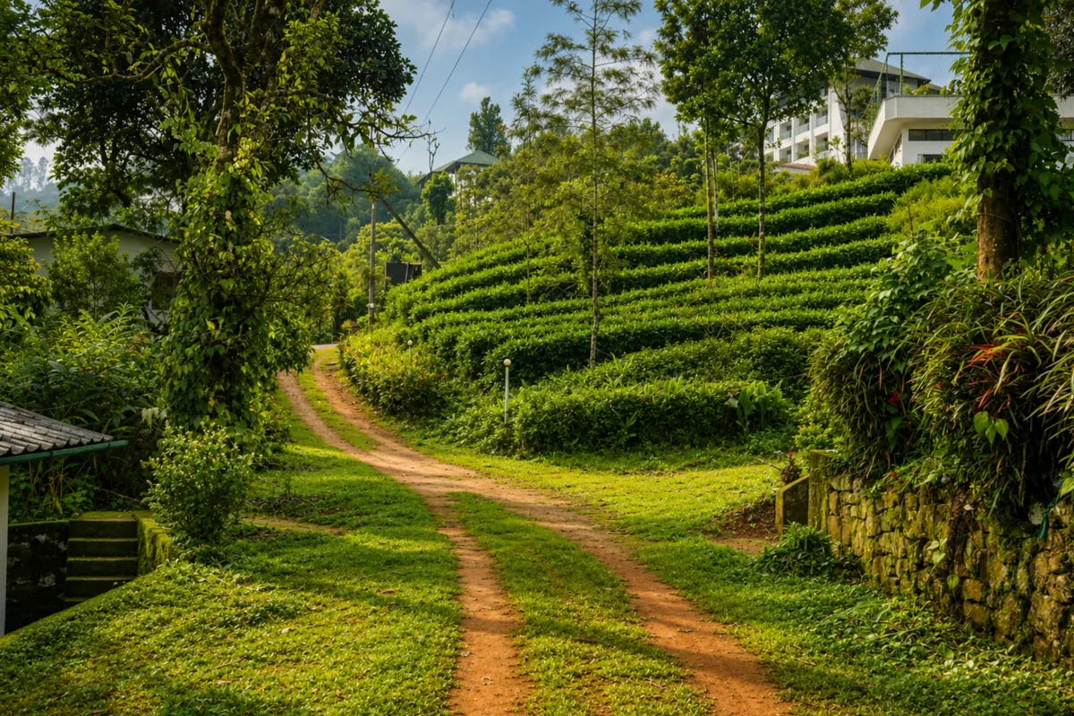 Sunlit tea plantation terraces in Mankulam near Silver Oaks Munnar