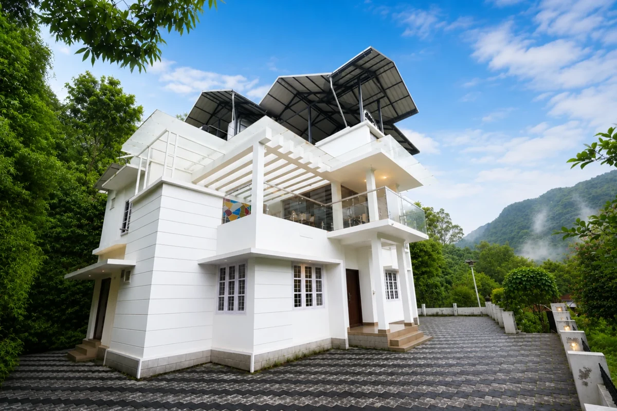 White House luxury cottage suite exterior nestled in misty trees